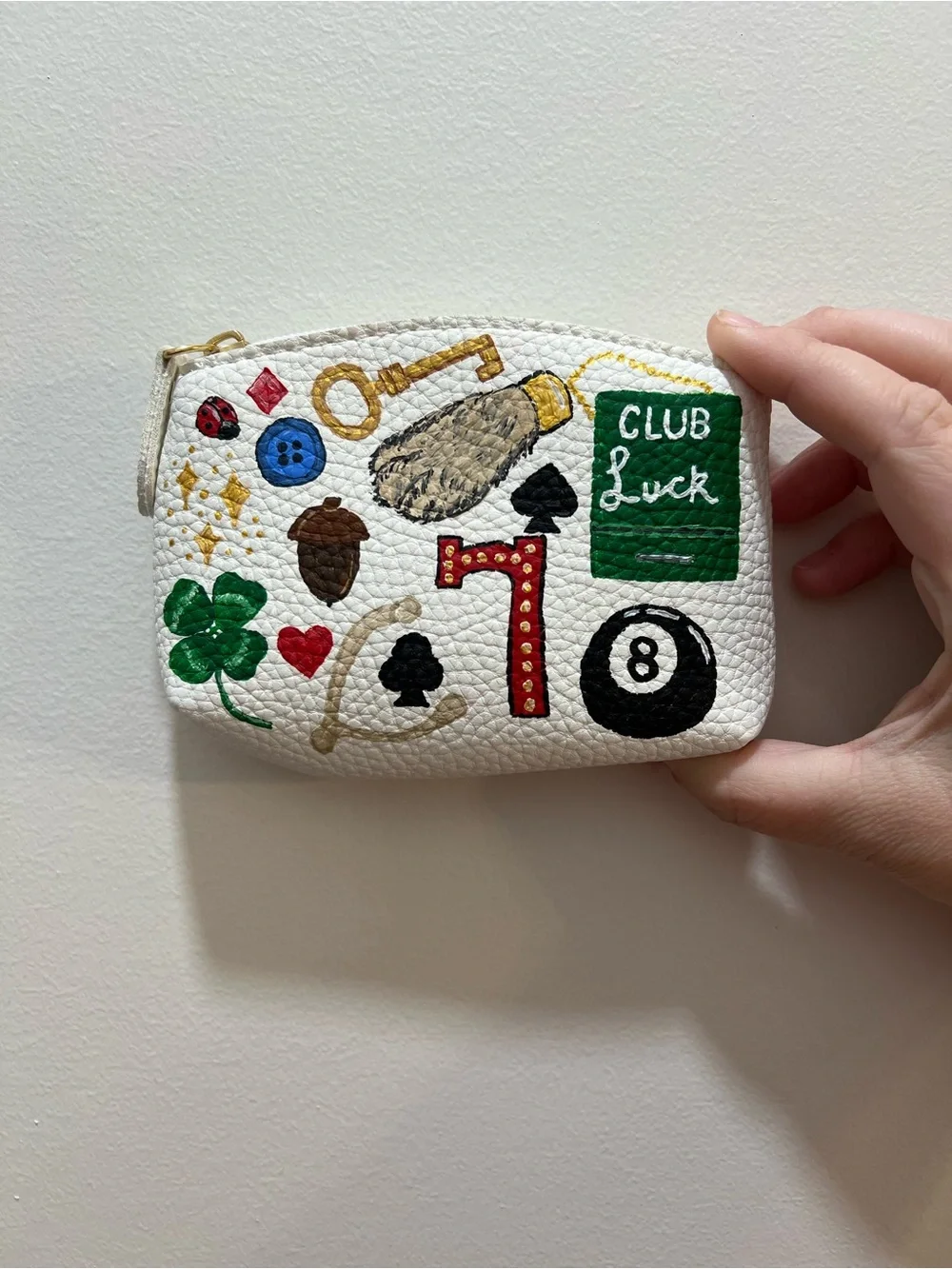White Leather Hand Painted Luck Motif Zip Pouch